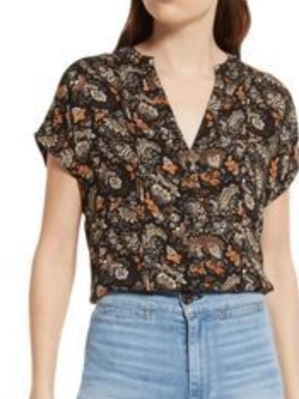 Nordstrom Treasure & Bond Black Blouse with Cream and Brown Floral Print